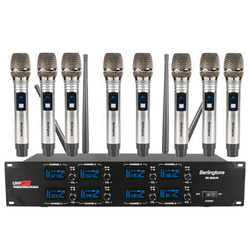 Berlingtone) 8-Channel UHF Wireless Microphone System Cordless Mic with Metal Handheld, Fixed Frequency Channel, Dynamic Microphone for Karaoke, Church, Singing, DJ, 262ft Range (BR-800UM)