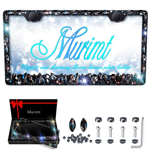Murimt 2 Pack Bling License Plate Frame for Women Murimt Gem Diamond Rhinestone License Plate Frames Handcrafted Stainless Steel Bedazzled License Plate Cover | Holder High-End Gift Box（Black）…