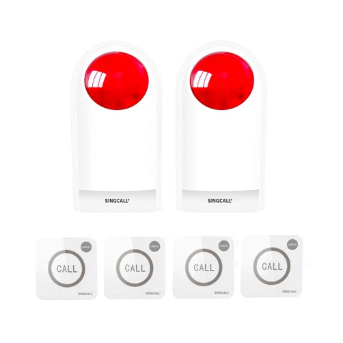 SINGCALL Strobe Siren Panic Alarm Button Siren Alarm with Light for Home Caring Loud Outdoor SOS Alert System 2 Red Flashing Siren and 4 Emergency Button for Store Hotel Jewelry Shop Security