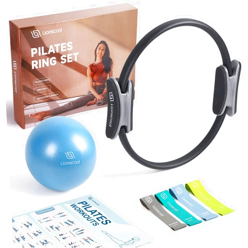 LIONSCOOL Pilates Ring Set - Premium Anti-Deformation 14”Magic Circle with Dual Padded Handles - Includes Burst Resistant Pilates Mini Ball & Highly Elastic Resistance Bands & Workout Guide & Bag