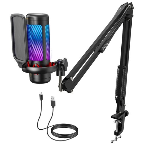 TONOR Gaming Microphone Set with Boom Arm, Vocal Condenser Microphone for PC with Stand, USB Mic with controllable RGB Light, One Tap Mute, Volume Control, for Discord, Twitch Streaming, TC310+