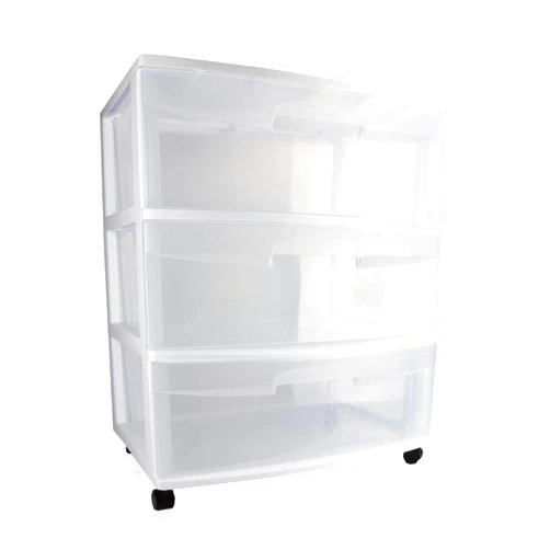 Sterilite Wide 3 Drawer Storage Cart, Plastic Rolling Cart with Wheels to Organize Clothes in Bedroom, Closet, White with Clear Drawers, 2-Pack