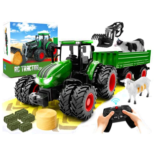Uarzt Remote Control Tractor Toy, Kids RC Tractor Set & Truck and Trailer Front Loader - Metal Car Head/8 Wheel/Light, Toddlers Farm Vehicle Toys for 3 4 5 6 7 8 9 Year Old Boys Girls Birthday Gift