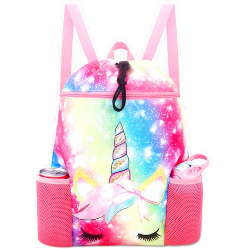 RHCPFOVR Unicorn Drawstring Backpack for Kids - Drawstring Bags for Girls Swim Bag for Beach Swimming Pool Lightweight Draw String Bags Waterproof Sports Gym Bag With Two Water Bottle Holder