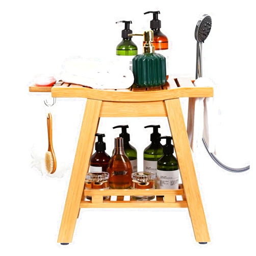 Ollieroo Two-Tier Bamboo Shower Chair for Inside Shower, Waterproof Baby Bath Seat with Storage Shelf, Soap Dish and Shower Head Holder, Shower Stool for Seniors Adults Disabled Pregnant(Natual)