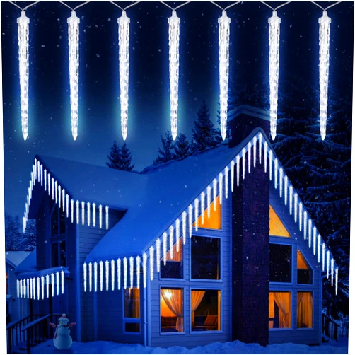 Brightown Christmas Icicle Lights Outdoor, 10Ft Meteor Shower Lights with 10 Ice Shaped Tube, Snowfall Shooting Star Light Effect, Falling Crystal Christmas Decorations for House Eave Roofline, Cool White