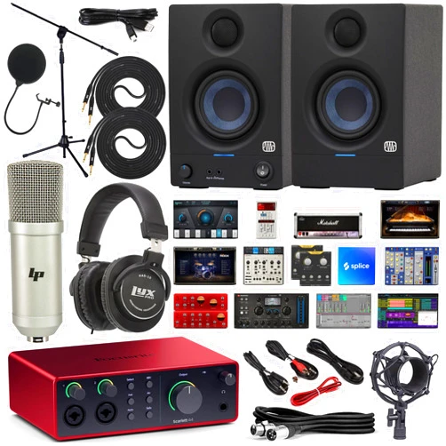 Focusrite Scarlett 4i4 USB-C Audio/MIDI Interface Complete Kit with Exclusive Software Bundle with New Designed Eris E3.5 Studio Monitors, Professional Microphone Kit and Recording Headphones