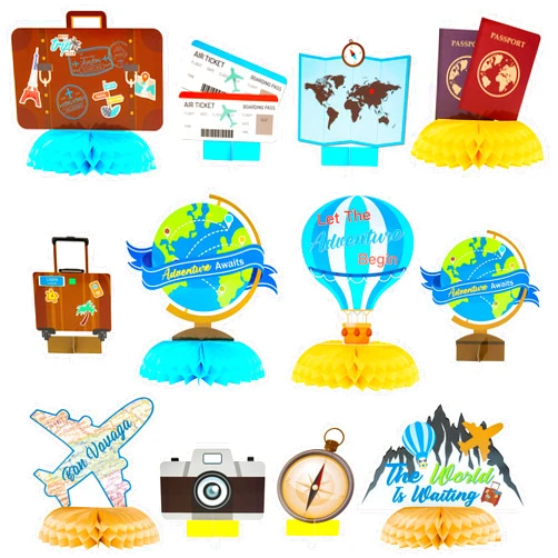 OSNIE 12Pcs Travel Themed Honeycomb Centerpieces Table Toppers Adventure Awaits Party Decor Travel Around The World Bon Voyage Table Decor Photo Props for Let The Adventure Begin Going Away Party