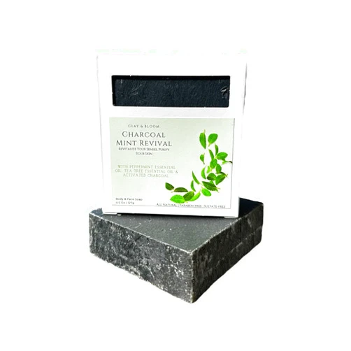 Clay & Bloom - Charcoal Mint Revival Soap Bar with Peppermint, Tea Tree, Activated Charcoal & Organic Oils | Deep Cleansing & Energizing | Acne & Blemish Control | Face & Body Wash | 4.5oz