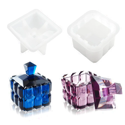 Voaesdk Storage Box Resin Mold with Lid, Diamond Faceted Jar Silicone Mould, Cube Resin Jar Molds for Epoxy, DIY Jewelry Trinket Candy Container Candle Holder Home Decor Organizer Gift