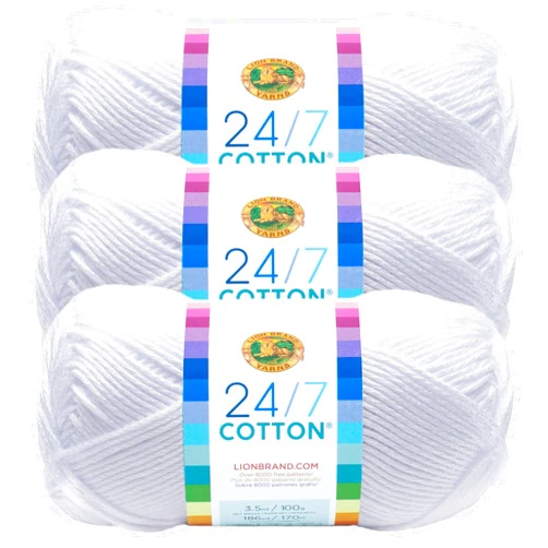 Lion Brand Yarn Lion Brand 24/7 Cotton Yarn, Lightweight Yarn for Knitting, Crocheting, and Crafts, White, 3 Pack