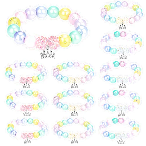 Huquary 12 Pcs Pastel Princess Party Bracelets Girls Fairy Tale Princess Party Favors Cartoon Story Themed Bracelets with Crown for Gifts Pastel Birthday Goodie Bag Stuffers Gifts Favor Supplies