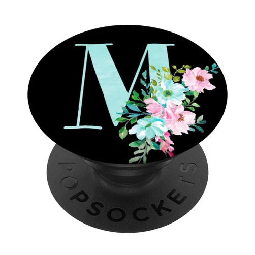 Castlepop Mint Pink Floral Flowers Black Monogram Initial Letter M PopSockets PopGrip: Swappable Grip for Phones & Tablets