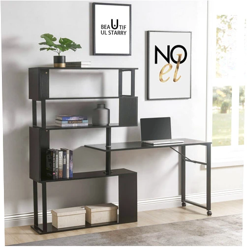 Merax Home Office Computer Desk L-Shaped Corner Table, Rotating Computer Table with 5-Story Bookshelf,Four Installation Methods,Lockable casters(Black)