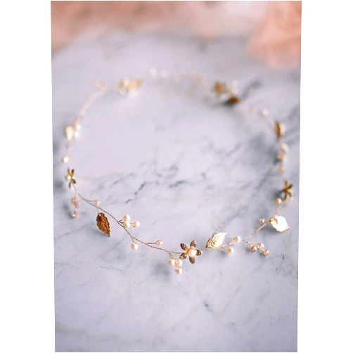 Kercisbeauty Gold Flower Headband Pearl Headpiece Wedding Bridal Hair Vine Hair Piece for Brides Women Handmade Jewelry Leaf Tiara
