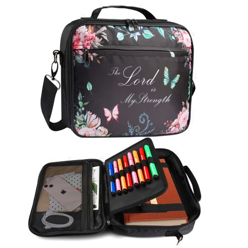 POJAGU Large Bible Cover with Handle and Shoulder Strap, Zippered Bible Carrying Book Case Church Bag Bible Protective Cover w/Pen Slots and Pocket, Gift for Women Lady, Black Floral