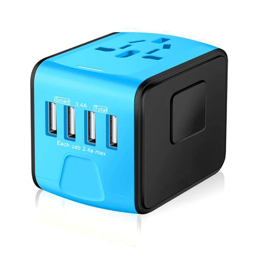 SAUNORCH Universal International Travel Power Adapter W/Smart High Speed 2.4A 4xUSB Wall Charger, European Travel Plug Adapter, Worldwide AC Outlet for Europe, UK, US, AU, Asia-Blue