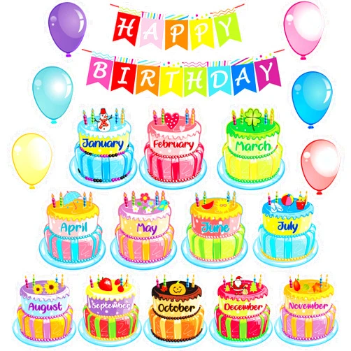 Outus 20 Pcs Happy Birthday Bulletin Board Set Birthday Chart Classroom Wall Decoration Cutouts B-Day Calendar Poster for School Class Bulletin Board Teaching Supply(Bright Style)