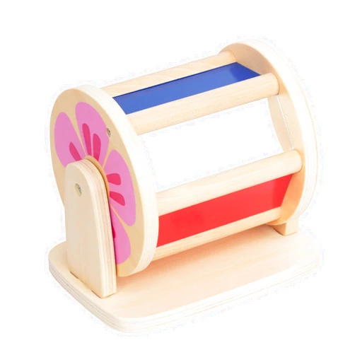 WOODENFUN Montessori Spinning Drum Baby Toys, Wooden Tummy Time Mirror Play Kit and Rainbow Fabric Ball Kit Toys for 6-12 Months Toddlers