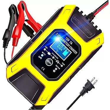 FOXSUR Portable smart car charger12V 7A, 7-Stage Automatic Pulse Repair Battery Charger, Motorcycle/Car Battery Charger with Multiple Protections/for ATVs/Golf Cart/Motorcycle/Car/Yacht Mower etc yellow