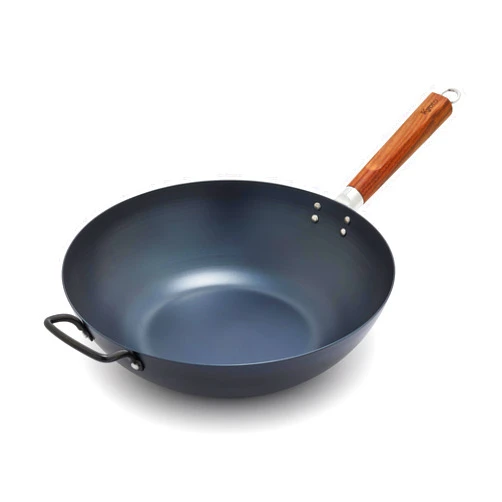 GreenPan Kyoto 14” Pre-Seasoned 7.25QT Carbon Steel Wok with Helper Handle, Flat Base, Professional Nonstick Patina with Use, Induction, Carbonized Ash Wood Handle, Even Heating, Durable, Black