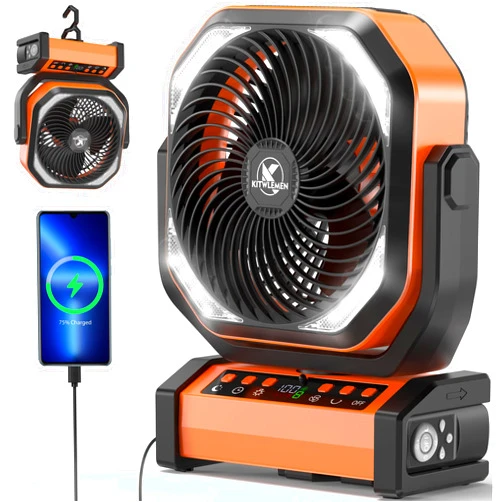 KITWLEMEN Camping Fan with Light - 20000mAh Rechargeable Battery Tent Fan, 112Hrs Max, 8 Speeds, Digital Display, Timer, Auto Oscillation, 270° Pivot & Hook for Garage, RV, Hurricane, Co-Branded with MORECORE