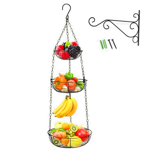 HULISEN 3 Tier Hanging Fruit Basket with Banana Hook, Heavy Duty Wire Hanging Baskets for Kitchen Storage, 36 Inch Hanging Vegetable Produce Basket Organizer (Including Installation Bracket)
