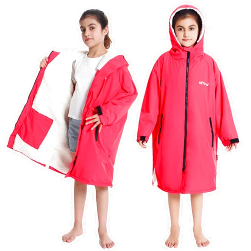 Hiturbo Warm Kids Swim Parka: Waterproof Changing Robe - Oversize Swimming Coat - Hooded Surf Poncho - Thick Lining (7-14Y)