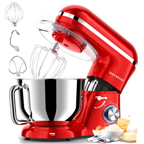 SASA ROCOO Stand Mixer 660W 6+P Speed Tilt-Head Electric Kitchen Mixer with 7.5 Qt Stainless Steel Bowl, Beater, Dough Hook, Whisk, Beater for Baking, Bagel, Cake, Pizza，Dishwasher Safe (red)