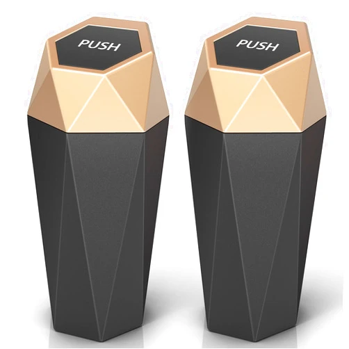 Keyiduid Car Trash Can with Lid 2 Packs, Mini Portable Trash Bin for Cars, Small Automatic Garbage Bin, Leakproof Cup Holder Trash Bin for Auto,Home,Office, Desktop Car Accessories for Interior (Gold)