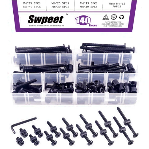 Swpeet 141Pcs Black M6 × 15/20/25/30/35/40/45/50/55/60/65/75/80mm Crib Hardware Screws Kit, Hex Socket Head Cap Crib Baby Bed Bolt and Barrel Nuts with 1 x Allen Wrench Perfect for Furniture