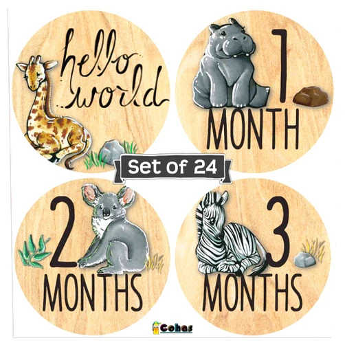 Cohas Monthly Baby Milestone Stickers include 24 Vinyl Stickers with Wood Background, Safari Animals