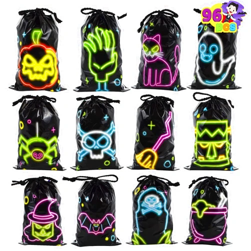 JOYIN 96Pcs Plastic Halloween Treat Bags with Drawstrings, Neon Color Candy Bags in 12 Designs, Halloween Goodie Gift Bags for Trick-or-Treat, Halloween Party Favors