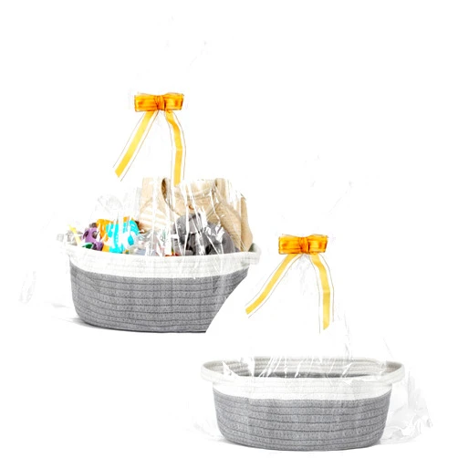 LANDNEOO 2 Pack Small Woven Basket with Gift Bags and Ribbons, Empty Decorative Gift Chest Box, Cute Baby Gift Basket for Nursery, Cotton Rope Room Shelf Storage Basket with Handles, All 12