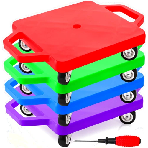 AVLA 4 Pack Sports Scooter Board with Handles, Plastic Casters Floor Scooters for Kids, Indoor Sitting Scooter with Rollers, Physical Education for Home, Homeschool Supplies