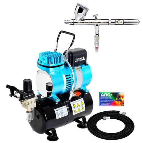 Master Airbrush Iwata Eclipse HP CS Airbrush Set with 1/5 hp Cool Runner II Dual Fan Air Tank Compressor System Kit, Professional All-Purpose Dual-Action Gravity Feed Airbrush, 0.35mm tip, Hose, Holder, How-To Guide