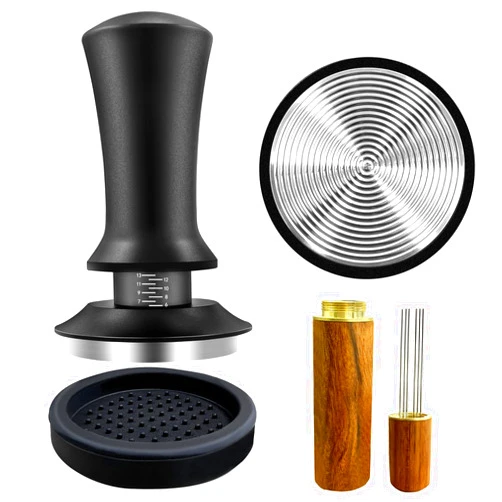 HahaGo Coffee Espresso Tamper 51mm with WDT Tool Calibrated Spring Loaded, Coffee Press with Silicone Mat, 100% Flat Stainless Steel Base Tamper for Espresso Coffee Machine (51mm, Black)