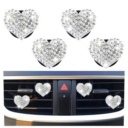 Carleef 4PCS Heart-Shaped Car Vent Clips with Rhinestone,Bling Air Vent Clips Car Decorations,Premium Shiny Car Clips for Vents Car Accessories Interior for Cars,Trucks,SUVs (White)