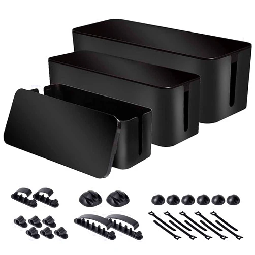 Chouky Cable Organizer Box Set of Three, Power Cover Cord Holder Surge Protector for Desk (Black)