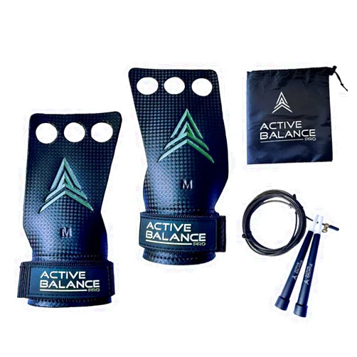 ACTIVE BALANCE PRO Pull Up Grips with Jump Rope - Gymnastics Grips with Strong Buckle and Comfortable Hand Grips for Crossfit- Weight Lifting Wrist Wraps Great for Crossfit - Great Workout Gloves for Men and Women.
