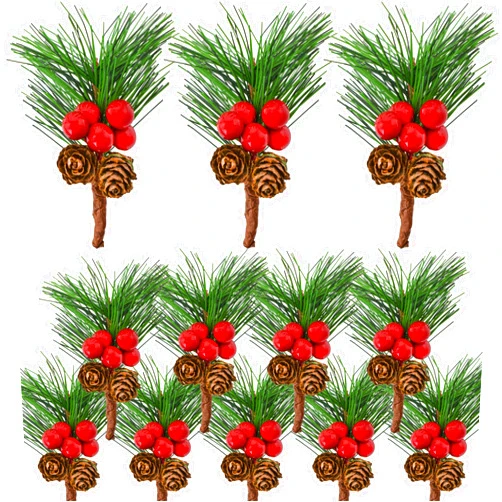 Bacucine 12PCS Christmas Berries Pine Cones Artificial Floral Picks Winter Garland Christmas Decorations with Red Berries Pine Needle for Craft Table Fireplace Bar Party Holiday Decor