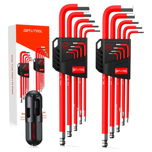 GETLITOOL 18PCS Magnetic Allen Key Set, S2 Steel Long Allen Wrench Set Metric(1.5mm-10mm) & SAE(1/16