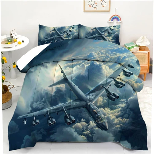 AyPoint Fighter Comforter Aircraft Comforter Bedding Set Queen for Boys Teens, Bombardment Aircraft Flying in The Clouds Bedding Set, Soft Microfiber Quilt with 2 Matching Pillowcases