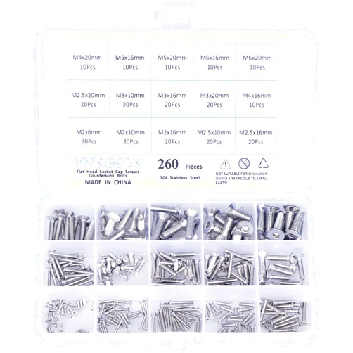 YNEGSDE Flat Head Socket Cap Screws Countersunk Bolts M2 M2.5 M3 M4 M5 M6 Metric Screw Bolt Assortment 304 Stainless Steel Metric Machine Screws, Allen Socket Drive, Fully Threaded 260 Pieces