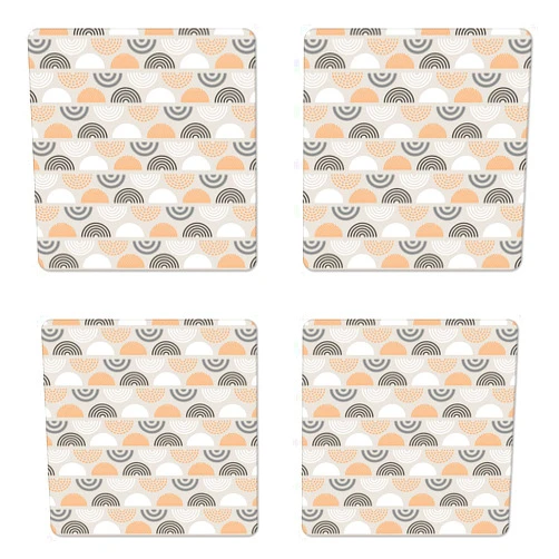 Lunarable Mid Century Coaster Set of 4, Geometric Pattern Abstract Half Circle Shapes in Retro Art Style, Square Hardboard Gloss Coasters, Standard Size, Pale Tan and Multicolor