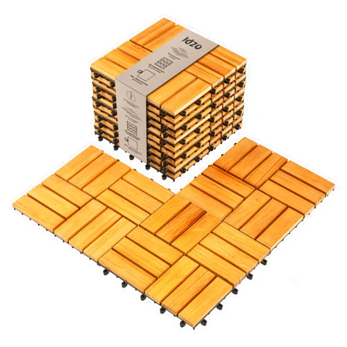 Idzo Set of 10 Premium Teak Deck Tiles, Distinctive Teak Wood Flooring with Innate Oil That Can Withstand Water & Weather Elements, 3 Seconds Snap-Lock Teak Shower Tile with Stable Mesh Base, 12 Slats