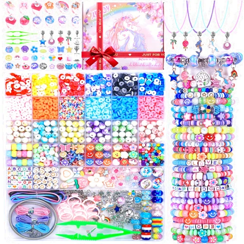 AIPRIDY 3200 Pcs Unicorn Jewelry Activity Kit,Clay Beads Bracelet Making Kit,Flat College Style Beading for Friendship Jewelry Making,Crystal Time Gem Ring Gifts,DIY Crafts for Teen Girls(Pink)