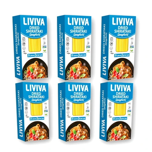 LIVIVA Foods Dried Shirataki Spaghetti - 6 Pk - Certified Gluten Free, Non-GMO, Vegan, Halal, Kosher, Plant-Base, Keto & Low Carb, Only 5 NetCarbs, 25 Calories, Diabetic-Friendly, Taste and Cook like Spaghetti.