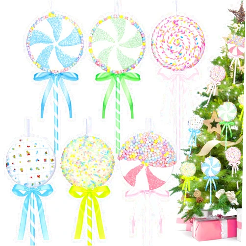 WHGJ 6 Pcs Pastel Lollipop Candy Land Christmas Ornaments Set, Assorted Cute Macaron Color Flat Lollipop Dessert Hanging Pendant Decorations for Xmas Tree, Kids Birthday Party, Home Holiday Decor Supplies
