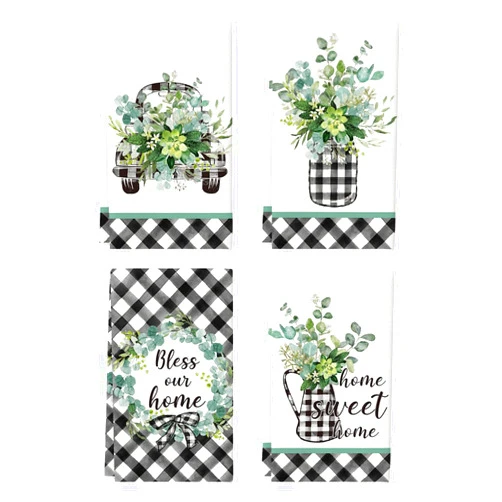 Artoid Mode Buffalo Plaid Eucalyptus Home Sweet Home Kitchen Towels Dish Towels, 18x26 Inch Seasonal Decoration Hand Towels Set of 4